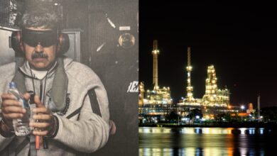 Split image showing a blindfolded and handcuffed Nicolas Maduro holding a water bottle on the left, and a brightly lit oil refinery at night on the right.