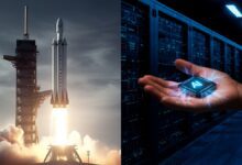 Split image showing a SpaceX rocket launch on the left and a glowing AI microchip held in a human hand inside an xAI data center on the right.