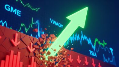 3D stock market concept image showing a glowing green upward arrow bursting through a cracked red downward-trending chart, with red decline arrows, blue and green price graphs, and ticker symbols like GME, VWAGY, and TSLA, symbolizing a sudden bullish breakout caused by a short squeeze.