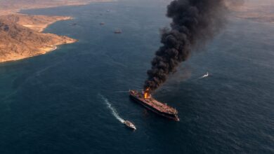 Aerial view of a burning oil tanker with thick black smoke rising above a narrow shipping route in the Straight of Hormuz in the Persian Gulf.