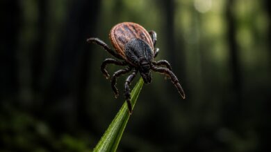 Macro close-up of a black and brown deer tick perched on a green blade of grass with a blurred forest background.