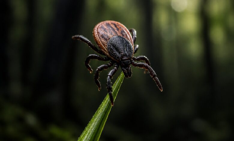 Macro close-up of a black and brown deer tick perched on a green blade of grass with a blurred forest background.